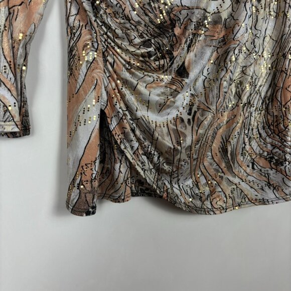 MSK Y2K Abstract Print Stretch Top Ruched 3/4 Sleeve Neutral Grunge Festival - Picture 6 of 11